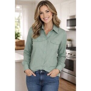 Lane Bryant Green Stretch Pocket Button Up Long Sleeve Blouse Top Size 14/16 New